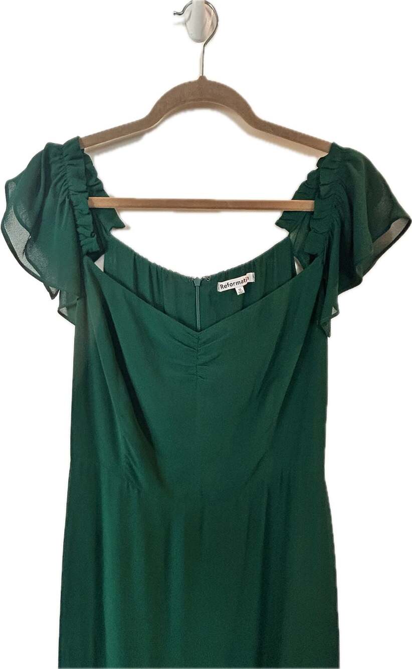 Reformation Butterfly Dress Forest Green Ruffle Sleeve Gown Size 10— Like New